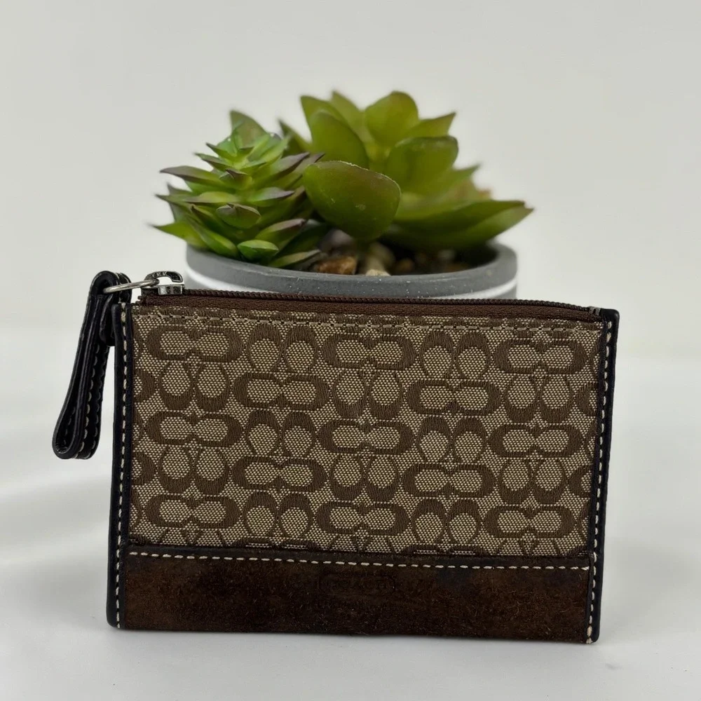 Coach Signature Monogram Mini Skinny ID Case Brown Suede Trim Zip Wallet